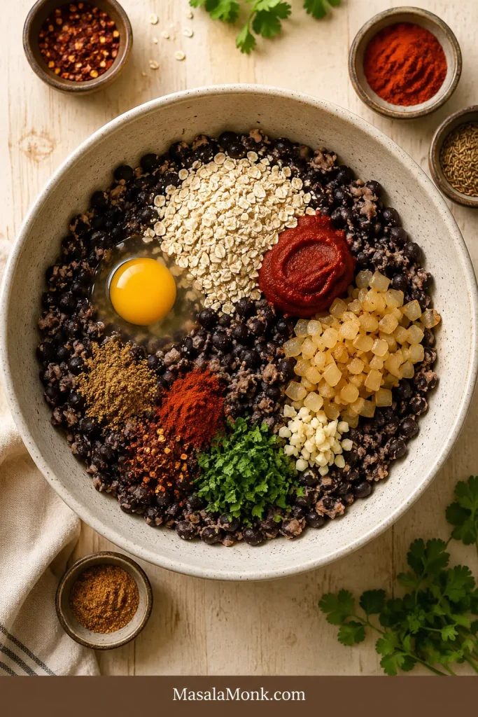 Bowl of mashed black beans topped with egg, oats or breadcrumbs, tomato paste, cooked onion, garlic, spices, and herbs before mixing.