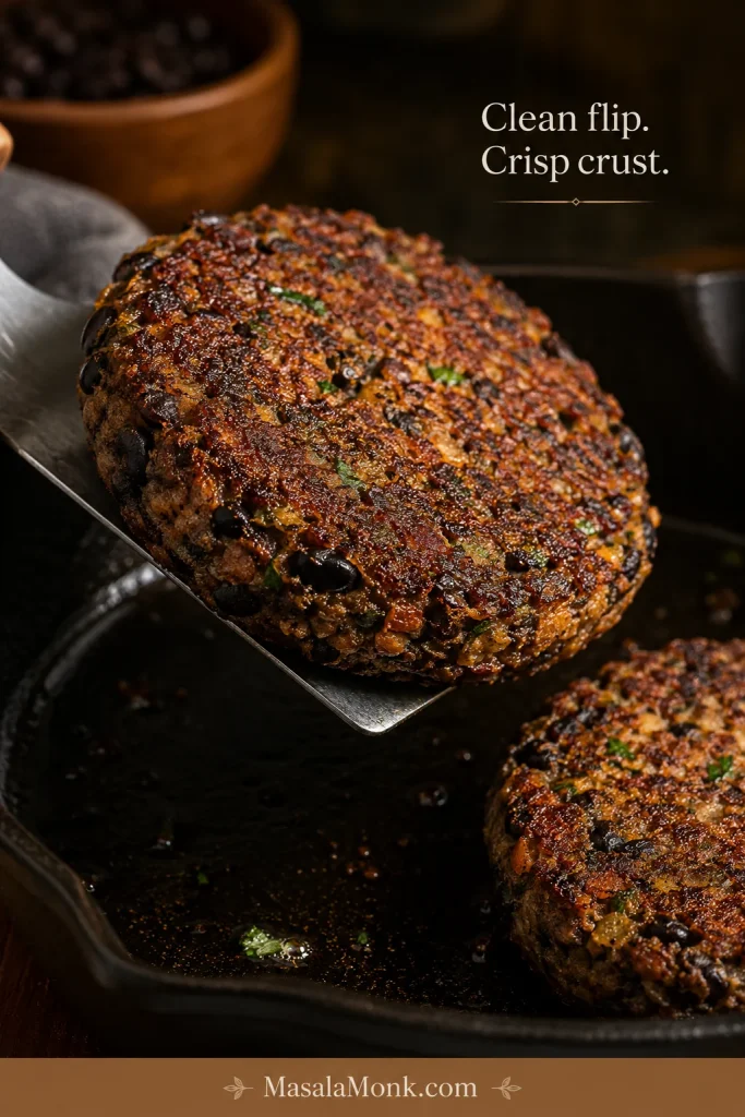 Black bean burger patty being lifted cleanly from a cast iron skillet with a metal spatula, showing a browned intact underside.
