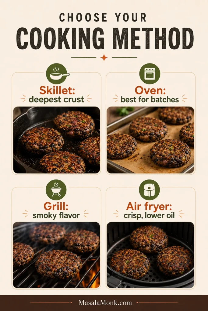 Vertical cooking method guide comparing skillet, oven, grill, and air fryer methods for black bean burgers.