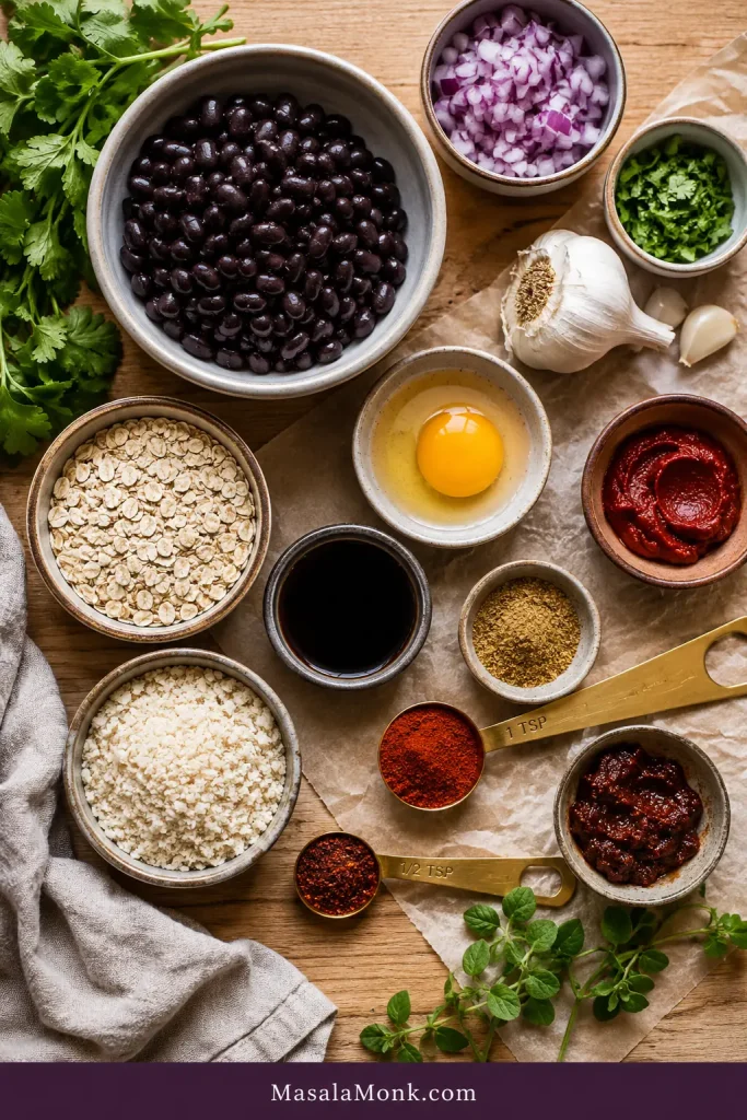 Ingredient board with black beans, onion, garlic, egg, oats, panko, tomato paste, tamari or soy sauce, spices, and herbs in small bowls.