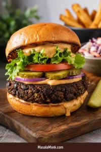 Tall black bean burger on a toasted bun with lettuce, tomato, pickles, creamy sauce, and a dark crisp-edged patty on a wooden board.