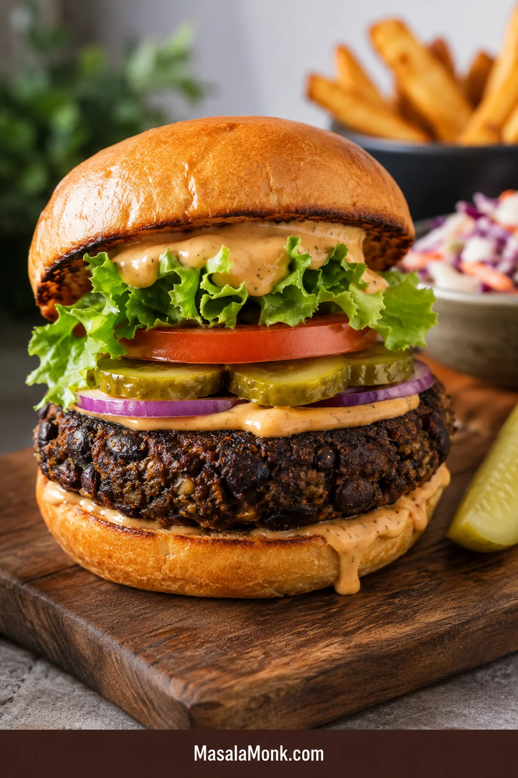 Tall black bean burger on a toasted bun with lettuce, tomato, pickles, creamy sauce, and a dark crisp-edged patty on a wooden board.