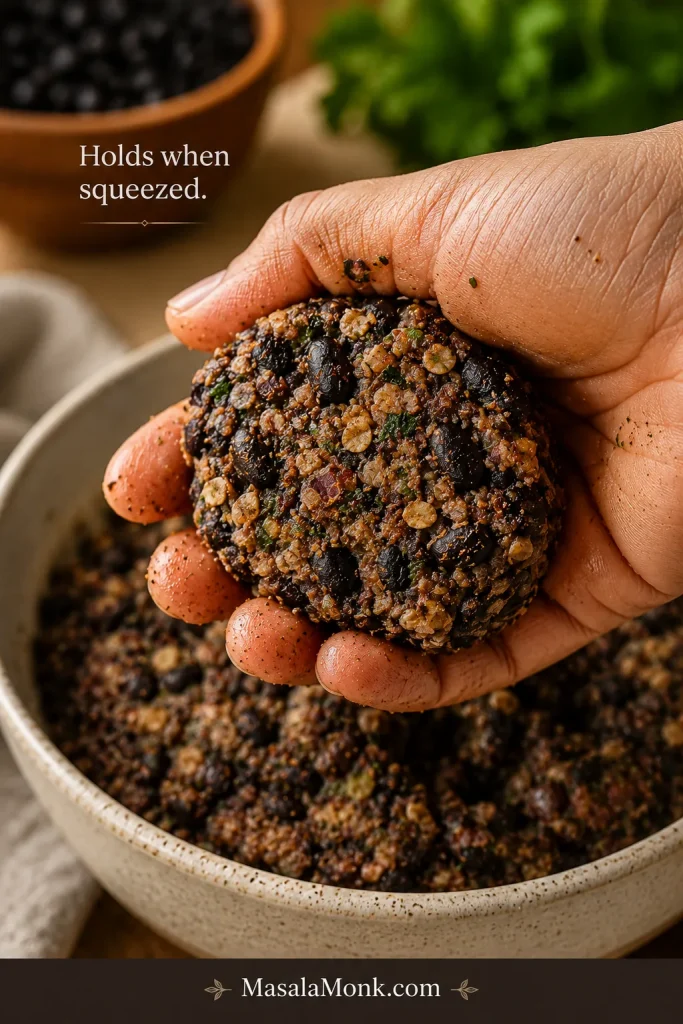 Hand squeezing black bean burger mixture into a firm clump with visible beans, oats, herbs, and spices.