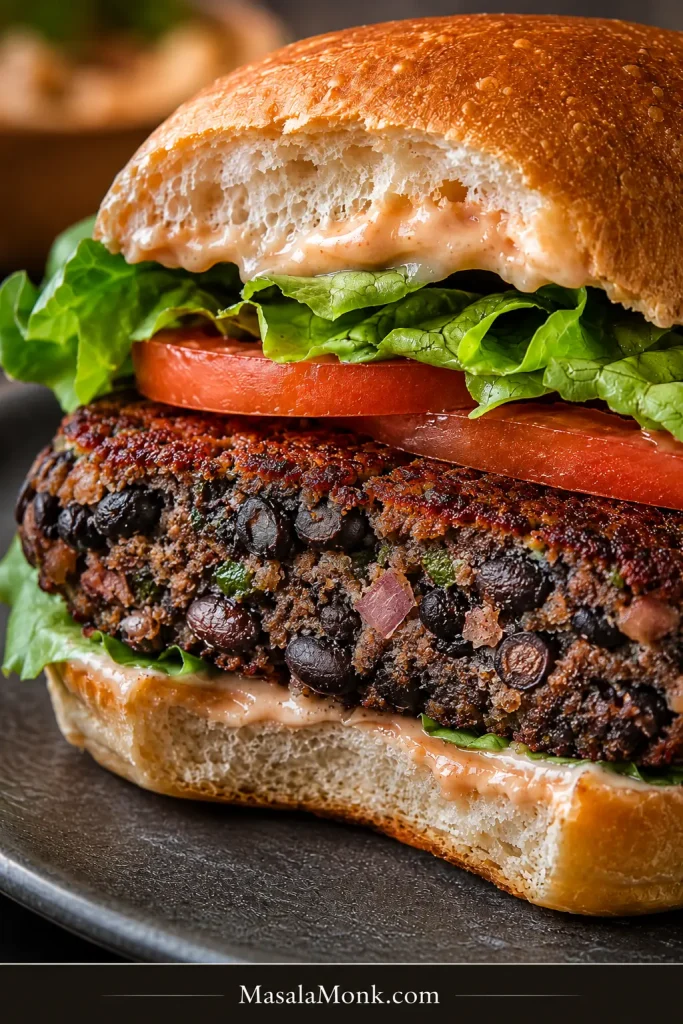 Close-up of a cut black bean burger showing a dark bean-filled interior, crisp browned edge, bun, lettuce, tomato, and sauce.