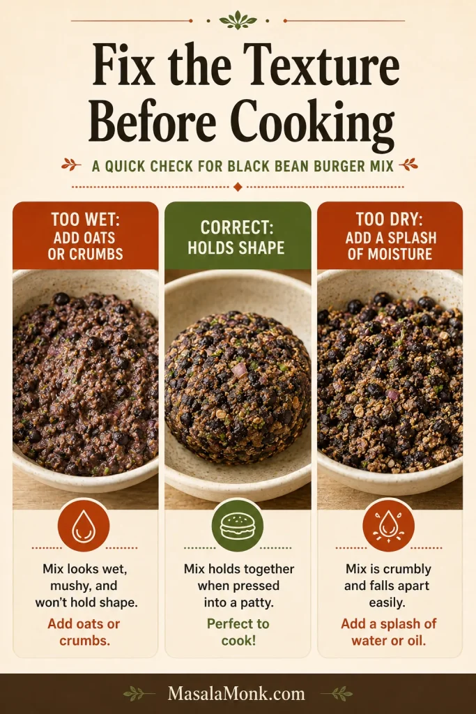 Three-panel guide showing black bean burger mixture that is too wet, correct, and too dry, with short fixing tips.
