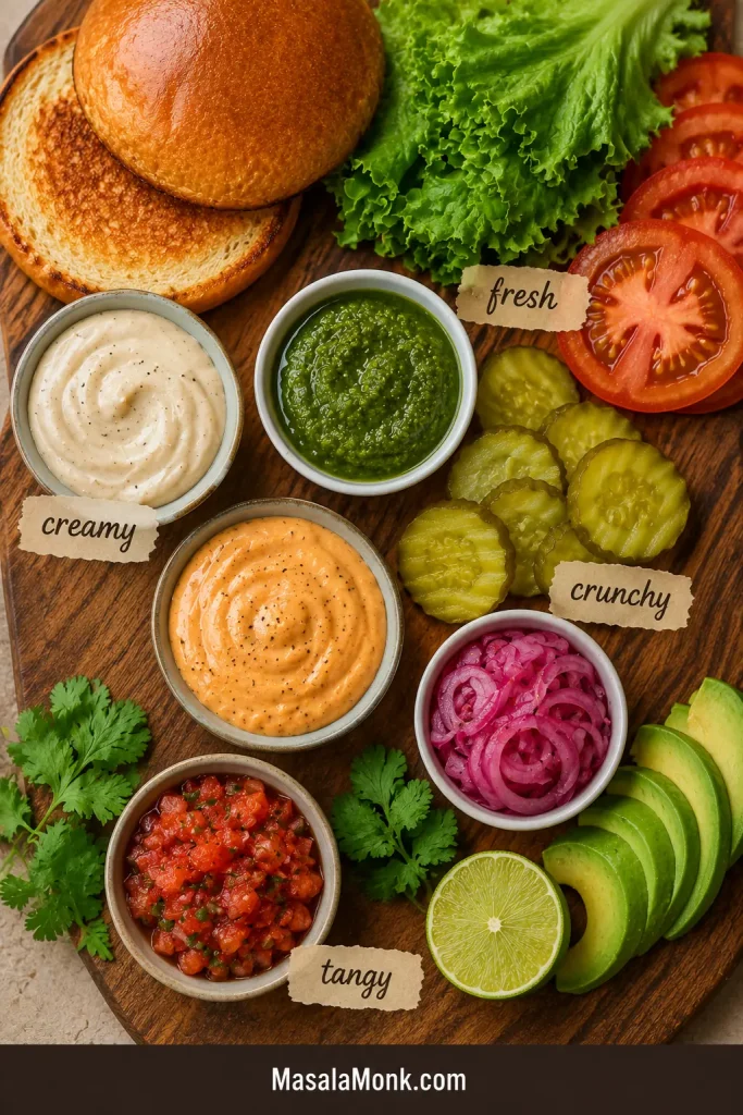 Toppings board with toasted buns, lettuce, tomato slices, pickles, pickled onions, avocado, salsa, green chutney, aioli, chipotle sauce, cilantro, and lime.