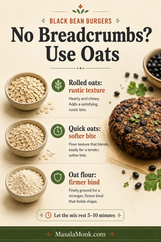 Vertical guide comparing rolled oats, quick oats, and oat flour as no-breadcrumb binders for black bean burgers.