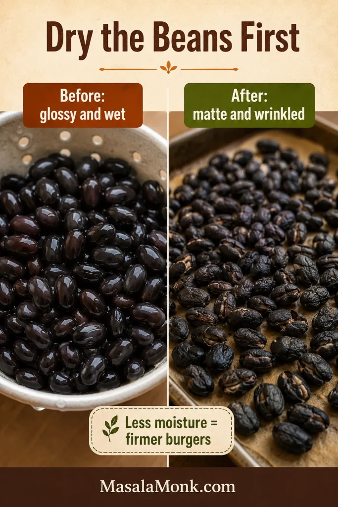 Split comparison showing glossy wet black beans before drying and matte wrinkled black beans after drying on parchment.