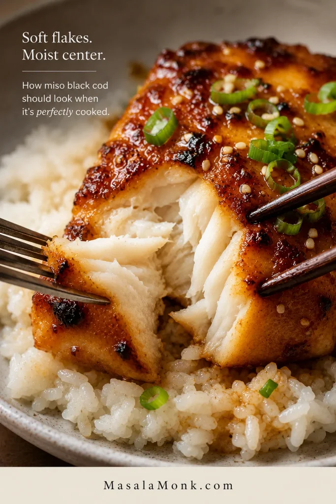 Cooked miso black cod being separated with chopsticks to show moist, opaque, soft white flakes.