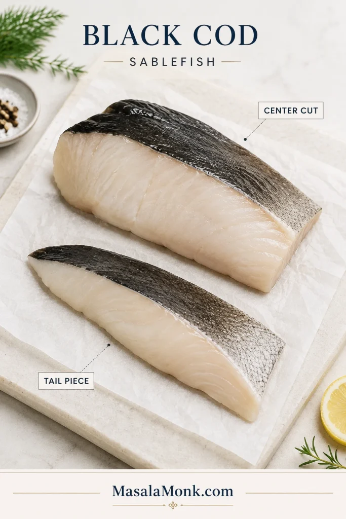 Raw skin-on black cod and sablefish fillets on parchment, labeled as center cut and tail piece.
