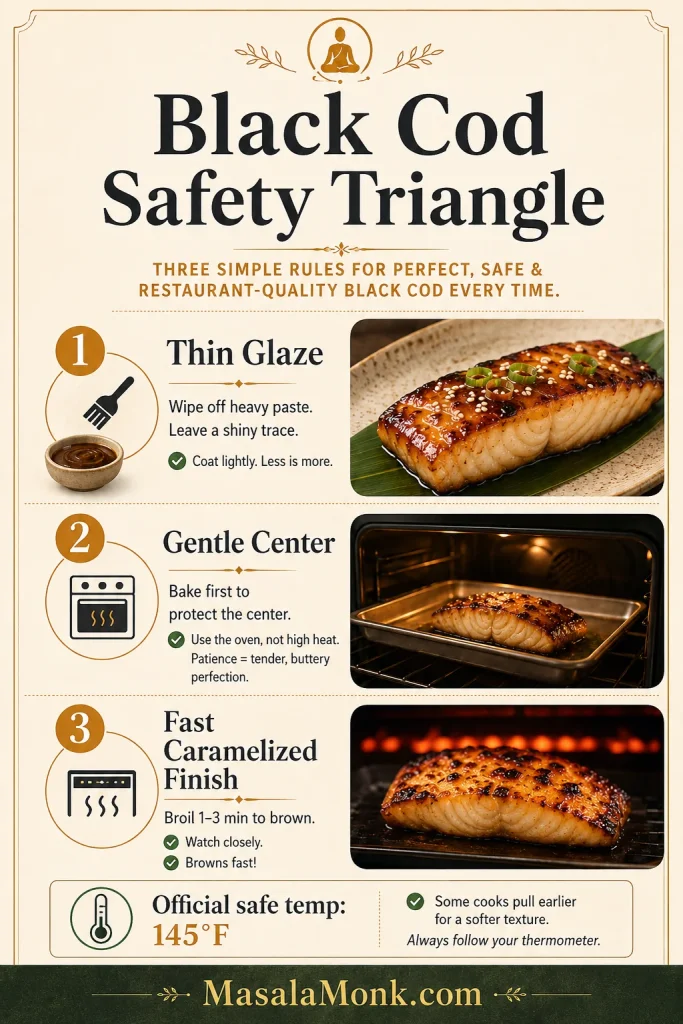 Infographic showing the Black Cod Safety Triangle with thin glaze, gentle center, and fast caramelized finish.