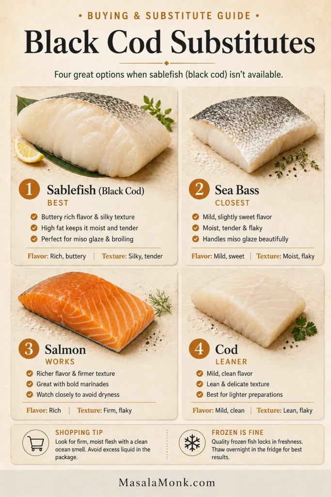 Black cod substitutes guide comparing sablefish, sea bass, salmon, and regular cod with labels for best choice, closest, works, and leaner.