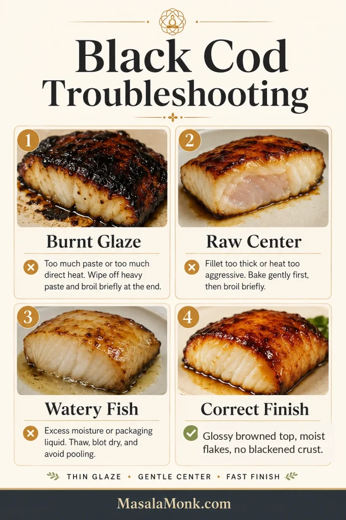 Black cod troubleshooting guide showing burnt glaze, raw center, watery fish, and the correct glossy browned finish.