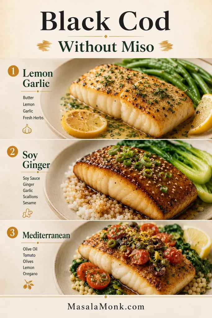 Three-panel guide showing black cod without miso in lemon garlic, soy ginger, and Mediterranean styles.
