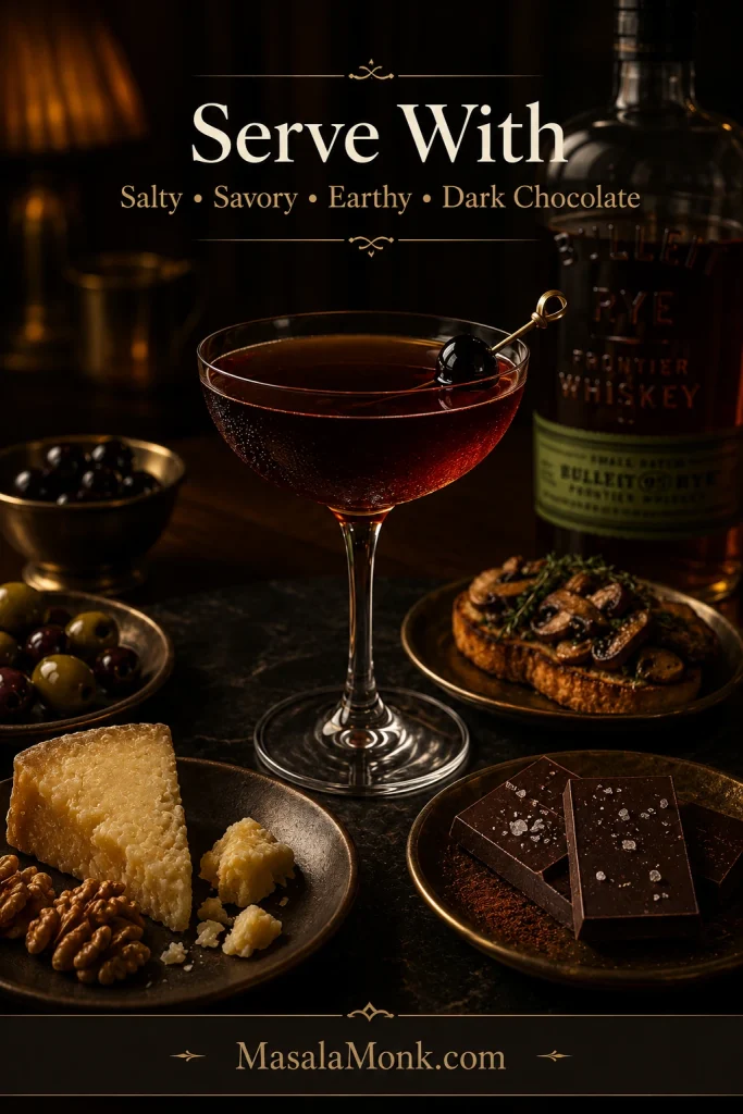 A Black Manhattan cocktail served with aged cheese, walnuts, olives, mushroom toast, dark chocolate, cherries, and a rye whiskey bottle in a warm low-light setting.