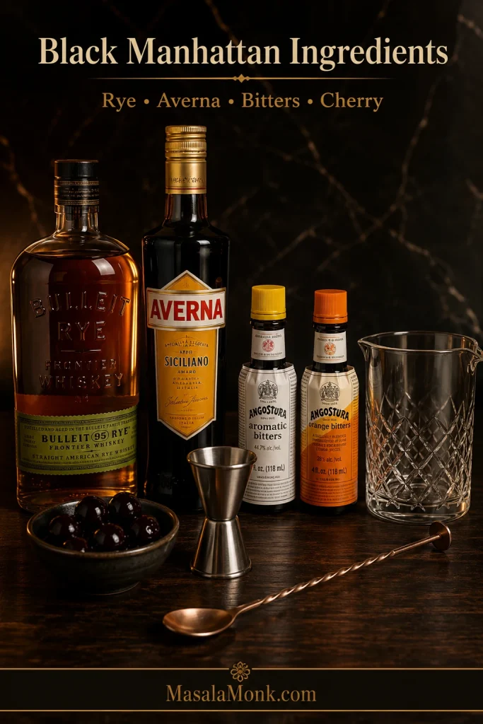 Ingredients for a Black Manhattan arranged on a dark bar surface, including rye whiskey, Averna amaro, Angostura bitters, orange bitters, cherries, a jigger, a mixing glass, and a bar spoon.