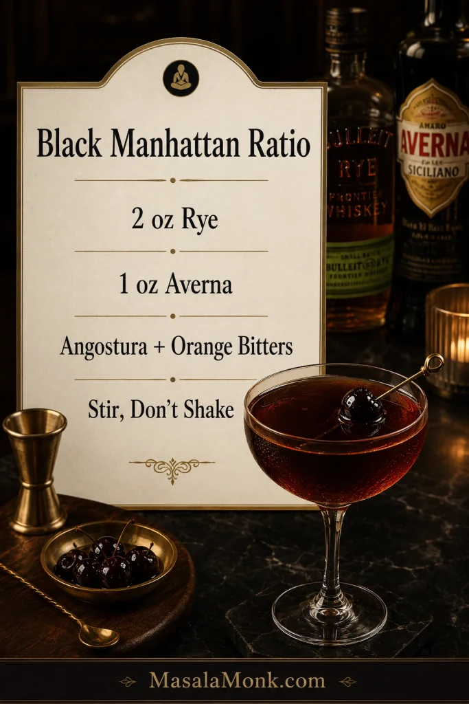 A Black Manhattan ratio guide showing 2 oz rye whiskey, 1 oz Averna amaro, Angostura bitters, orange bitters, and a cherry garnish.