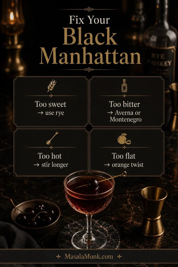 A troubleshooting guide for a Black Manhattan with four fix panels for drinks that are too sweet, too bitter, too hot, or too flat.