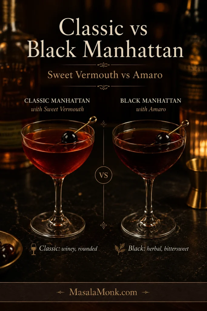Two cocktails in coupe glasses comparing a classic Manhattan with sweet vermouth and a Black Manhattan with amaro.