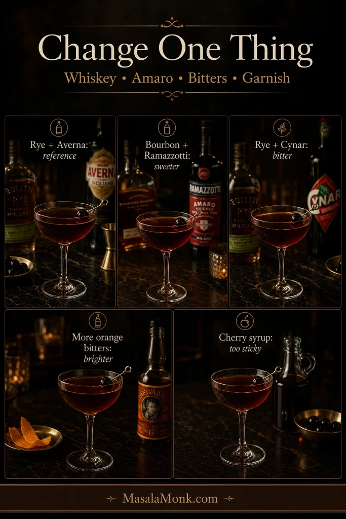 A Black Manhattan variation guide with five panels showing rye and Averna, bourbon and Ramazzotti, rye and Cynar, extra orange bitters, and cherry syrup.