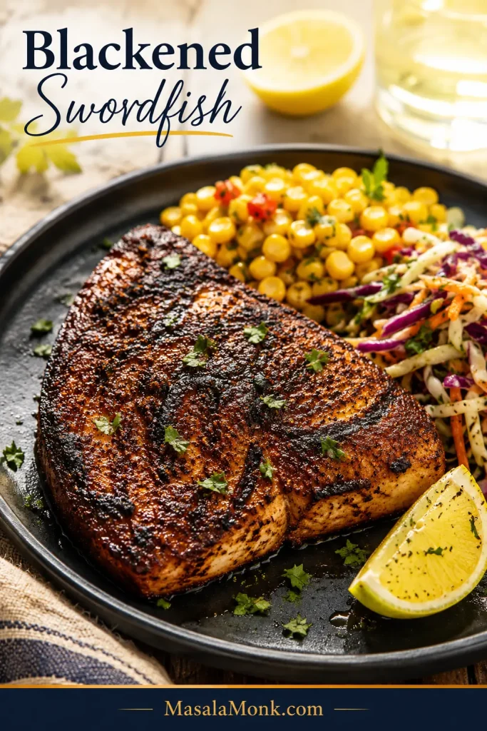 Blackened swordfish steak with dark spice crust, lemon wedge, corn, slaw, herbs, and a dark plate.