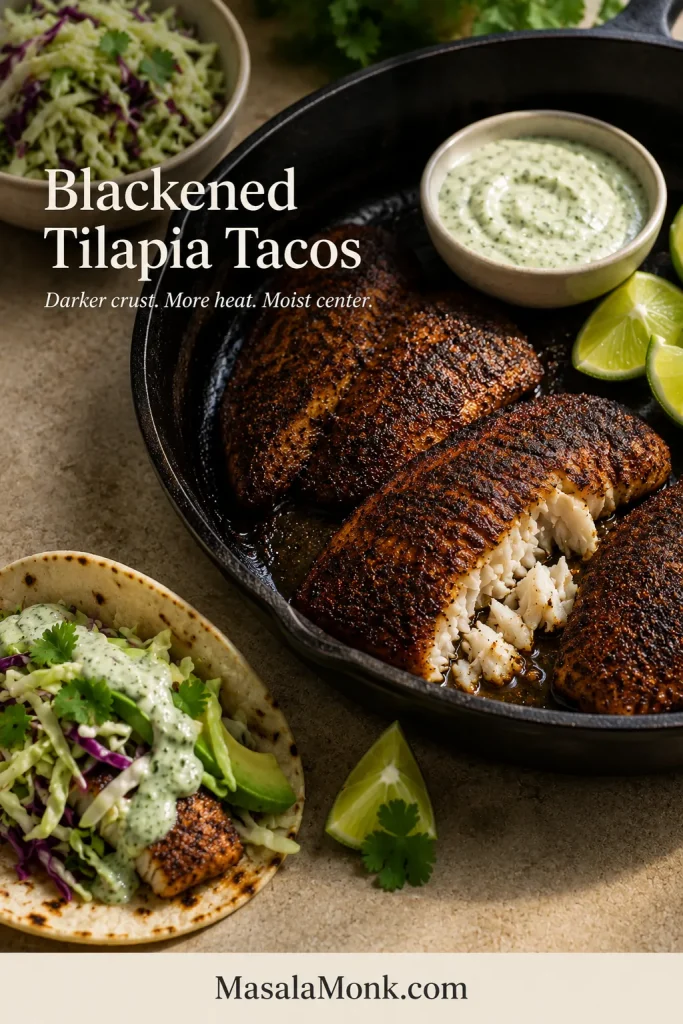 Darkly seasoned tilapia fillets in a cast-iron skillet, with one opened piece showing moist white flakes and sauce, lime, slaw and a taco nearby.