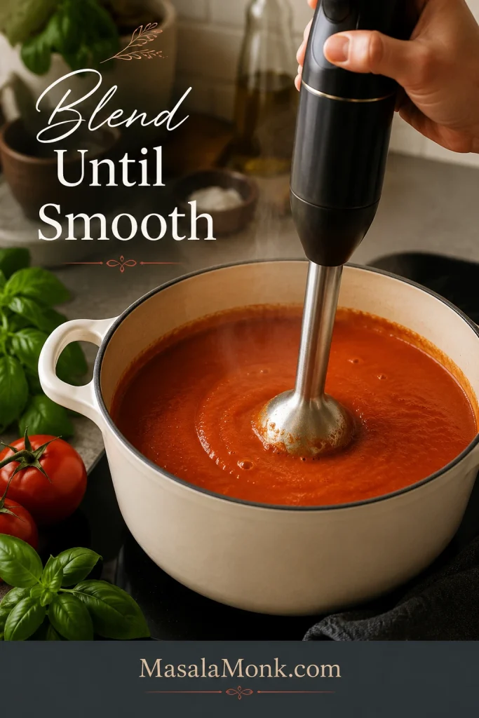 Immersion blender blending hot tomato basil soup directly in a pot.