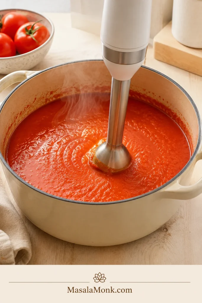An immersion blender blending tomato soup inside a large pot.