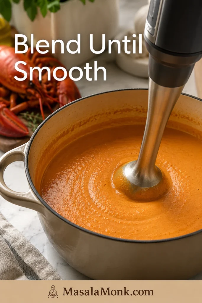 Immersion blender blending coral-orange lobster bisque base in a pot.