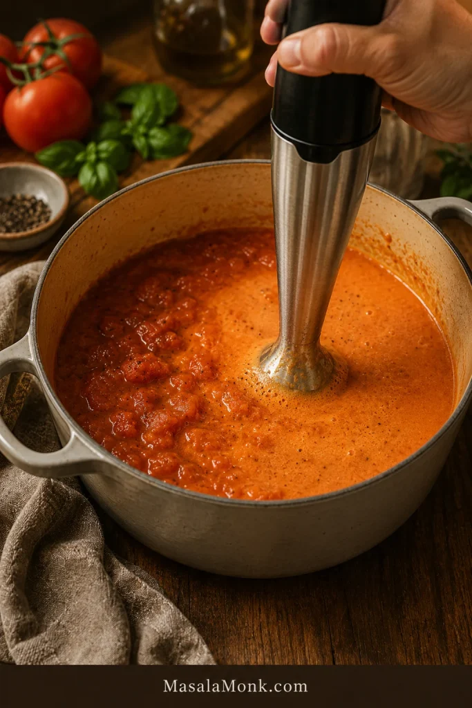 Immersion blender smoothing tomato bisque in a pot.