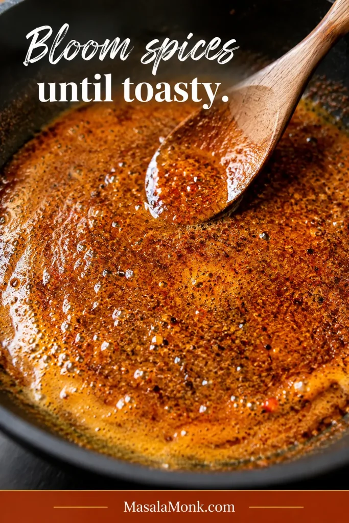 Cajun seasoning, Old Bay, and smoked paprika blooming in melted butter.