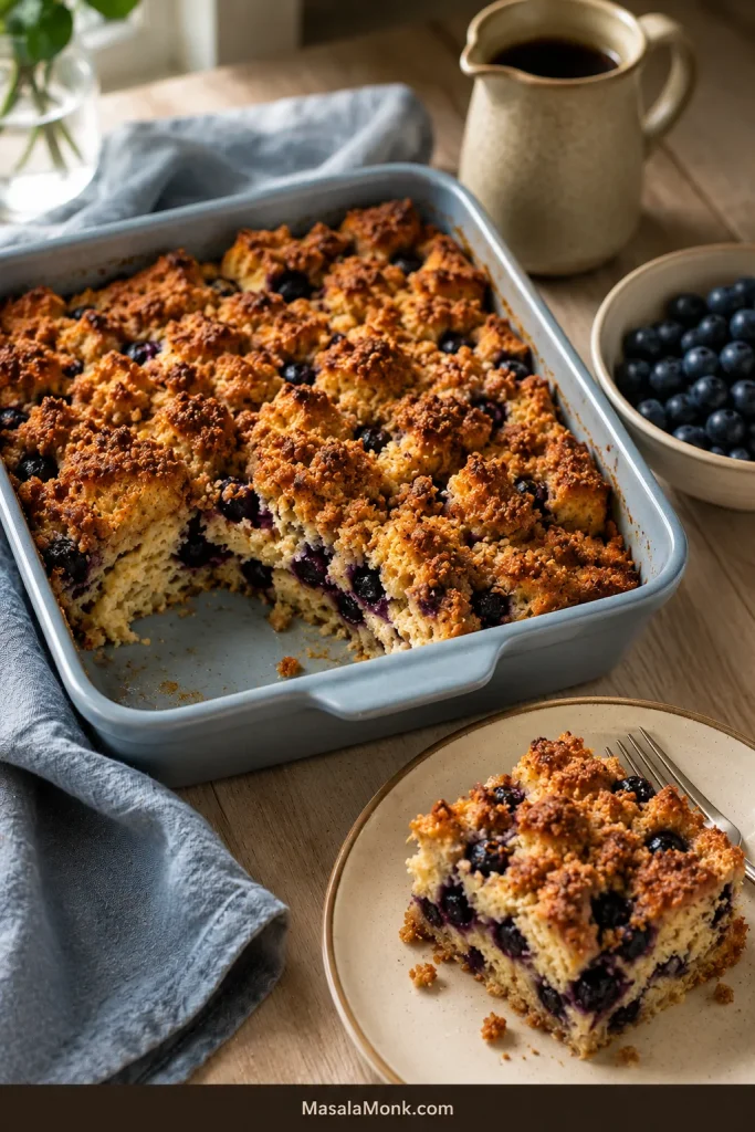 Blueberry French toast casserole in a blue-grey dish with berries visible inside the bread beneath golden streusel.