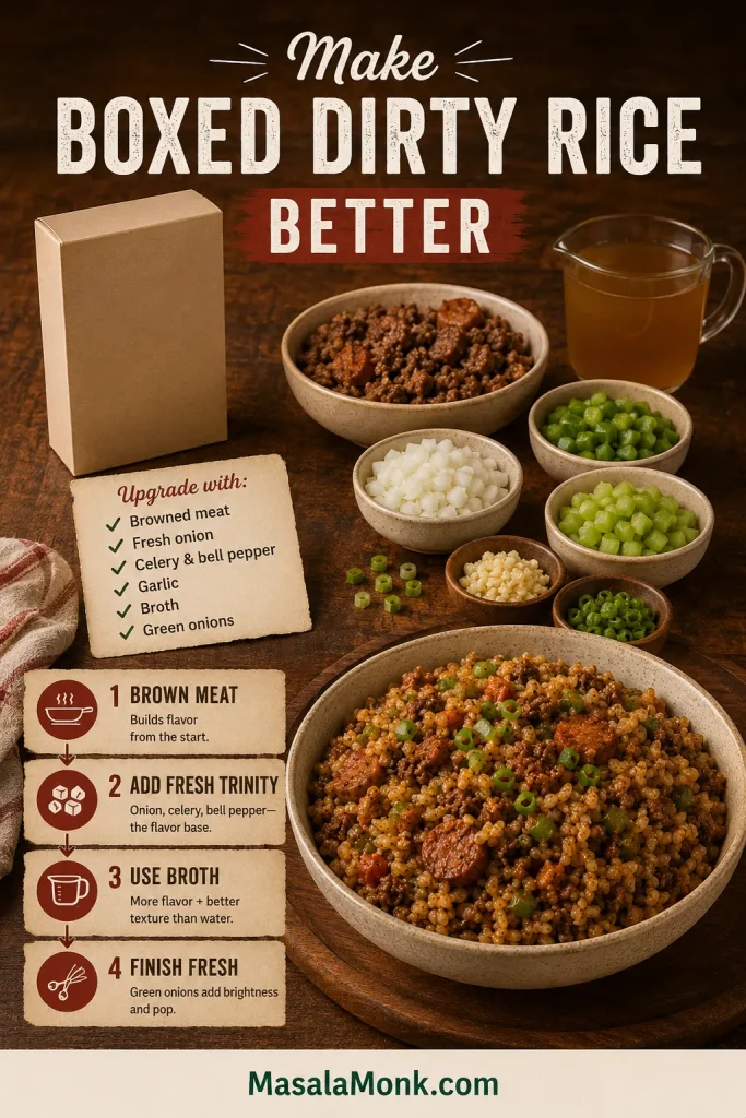 Guide showing an unbranded boxed dirty rice upgrade with browned meat, onion, celery, bell pepper, garlic, broth, green onions, and finished rice.