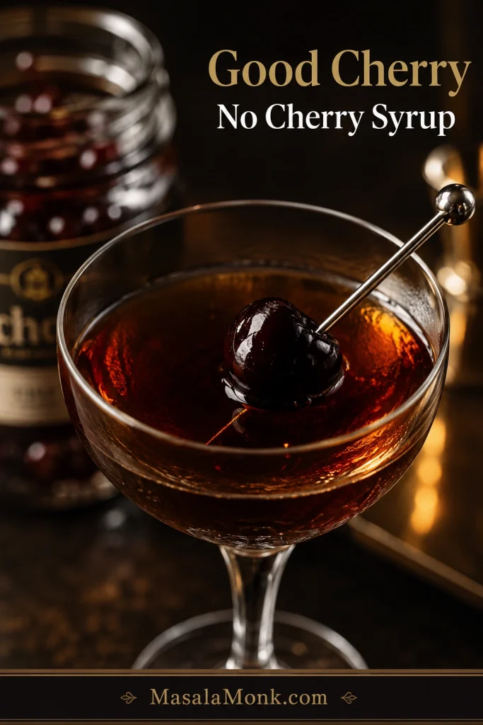 A close-up of a dark brandied cherry garnish resting in or above a Black Manhattan cocktail.
