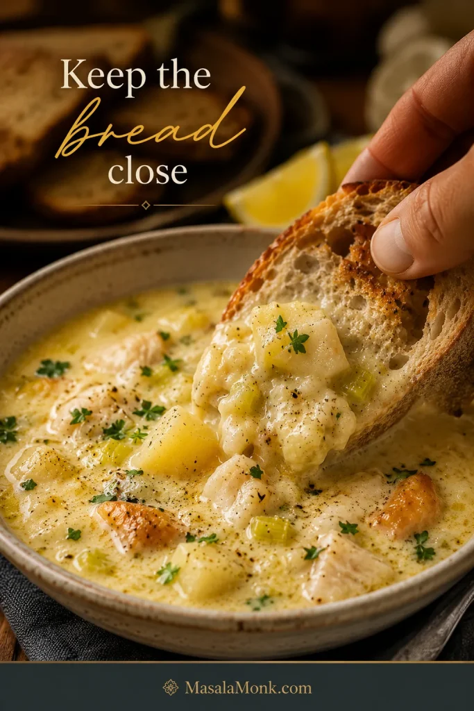 Hand dipping a piece of crusty bread into smoked haddock chowder with fish flakes, potatoes, herbs, and black pepper.