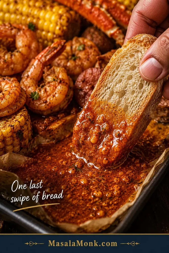 A piece of bread dipped into leftover garlic butter seafood boil sauce.