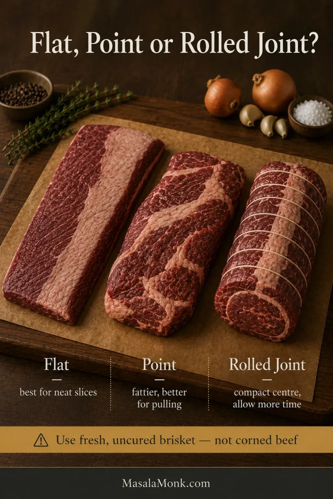 Three raw brisket cuts displayed side by side: a broad lean flat, a thicker marbled point and a compact tied rolled joint.