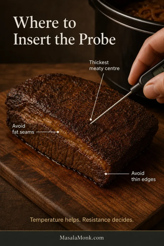 Probe inserted into the thickest meaty center of cooked brisket, with a fat seam and thin edge marked as misleading testing locations.
