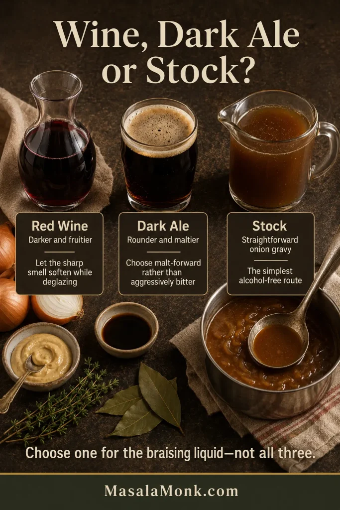 Red wine, dark ale and beef stock arranged beside onions, mustard, Worcestershire sauce, herbs and a saucepan as alternative brisket braising liquids.