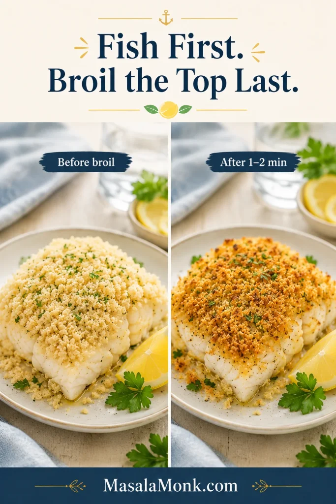 Before and after comparison of baked haddock topping before broiling and after becoming golden brown.