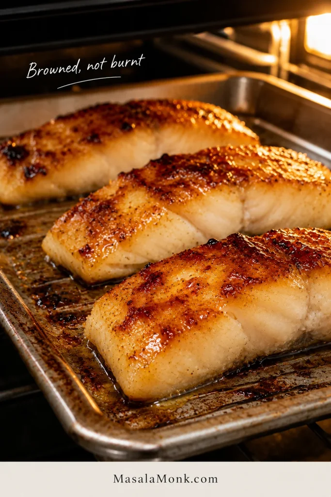 Broiled miso black cod fillets on a tray with glossy amber-brown tops and light caramelized spots.