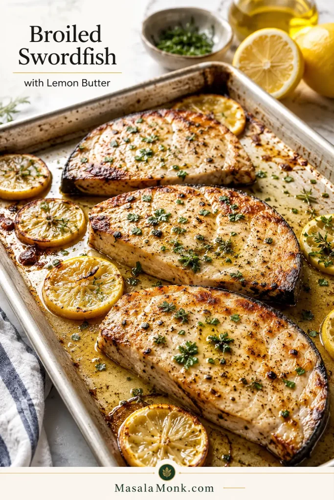 Broiled swordfish steaks on a rimmed sheet pan with browned tops, lemon slices, herbs, and lemon butter.
