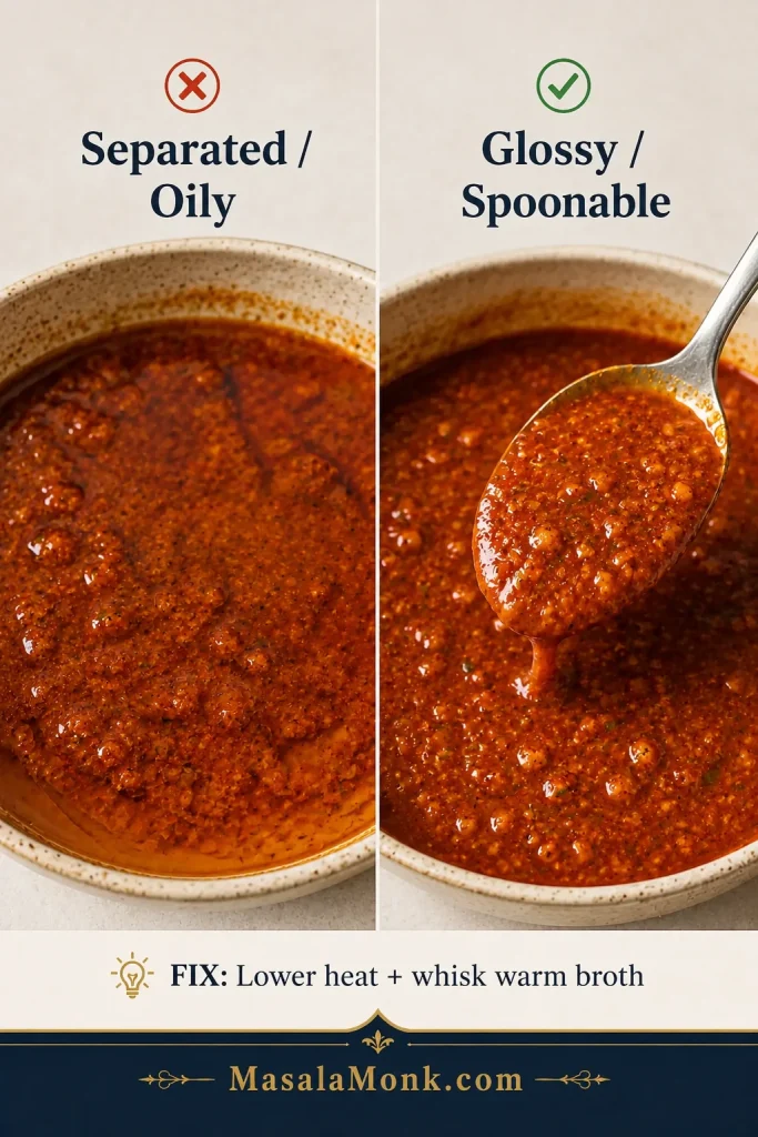 Comparison of separated oily seafood boil sauce and glossy spoonable seafood boil sauce.