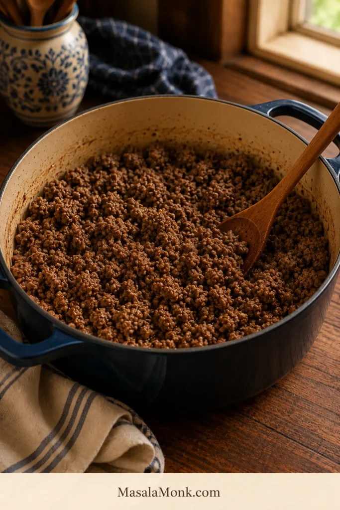 Ground beef browning in a Dutch oven with a wooden spoon for American goulash.