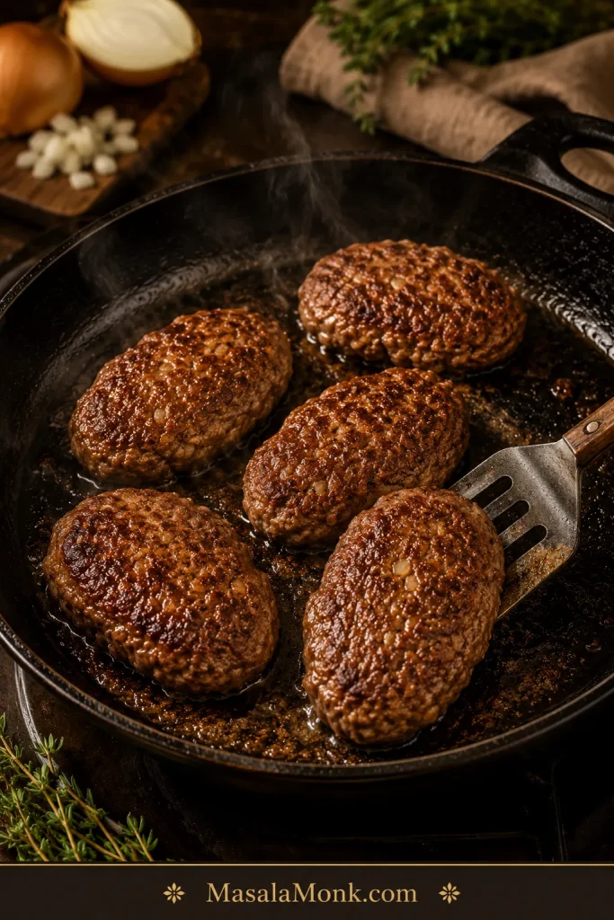 Oval Salisbury steak patties browning in a skillet with a visible seared crust.