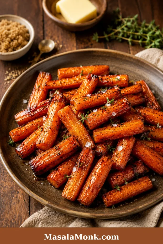 Brown sugar roasted carrots with caramelized edges, flaky salt, thyme, butter, and a glossy finish.