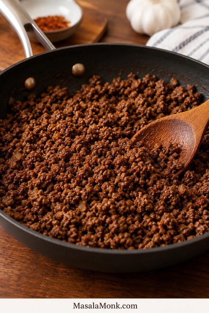 Browned ground beef crumbles cooking in a skillet with a wooden spoon
