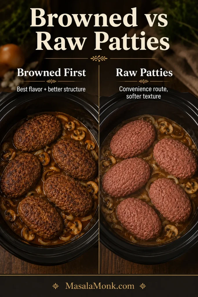 Split comparison of browned Salisbury steak patties and raw oval patties with labels about flavor, structure, and softer texture.