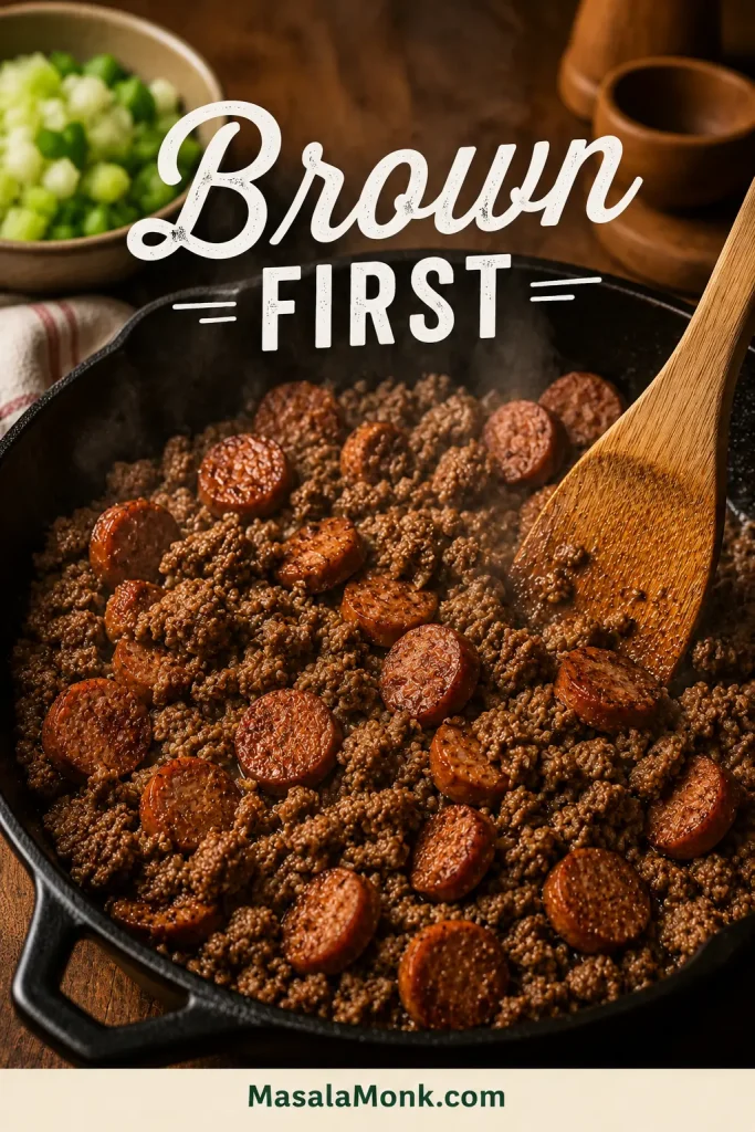 Ground beef and sausage browning in a hot cast-iron skillet with a wooden spatula, light steam, and diced vegetables nearby.