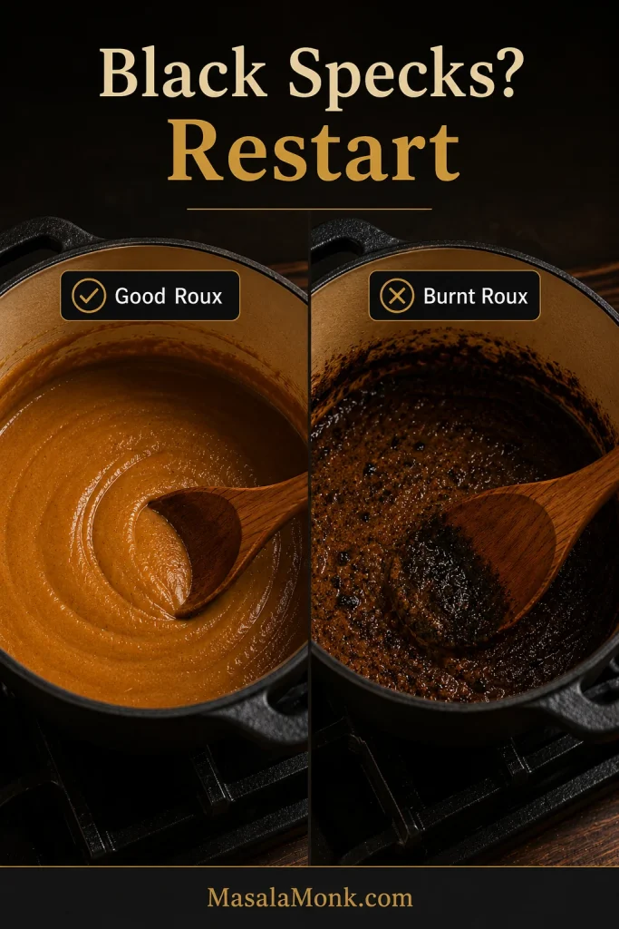 Comparison of good roux and burnt roux with black specks
